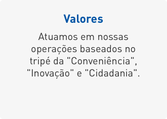 Valores: Atuamos em nossas operações baseados no tripé da "Conveniência", "Inovação" e "Cidadania".